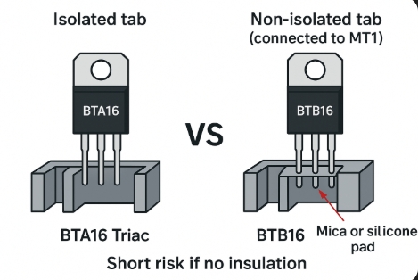 BTA16 Triac isolated tab vs BTB16 non-isolated tab diagram