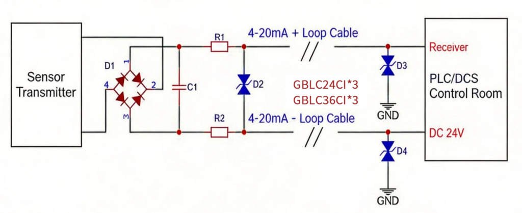 Industrial Sensor 4-20mA Loop-Powered Transmitter Electrostatic Discharge Surge Protection-Protection Devices-TVS Diodes-ESD Protection devices-Gas Discharge Tube-Thyristor-Pled Protectors-Mov