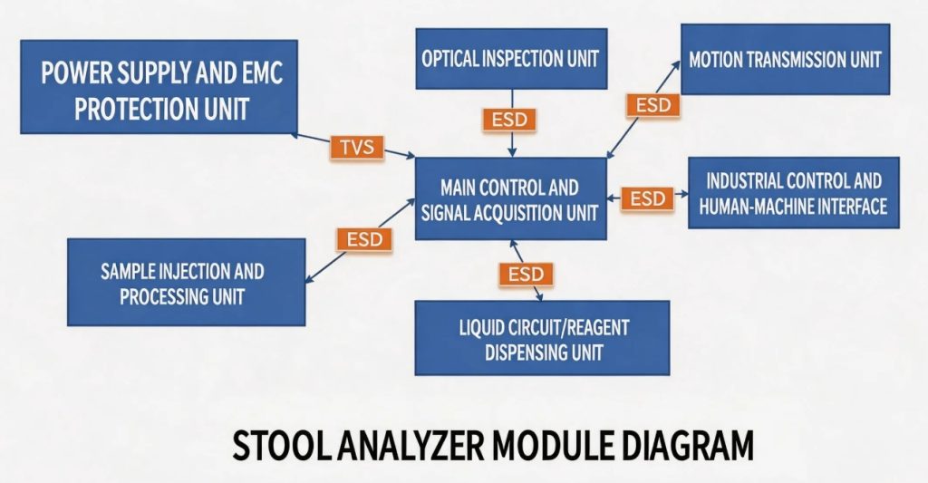 Fully Automated Stool Analyzer with Comprehensive EMC Protection Design-Protection Devices-TVS Diodes-ESD Protection devices-Gas Discharge Tube-Thyristor-Pled Protectors-Mov