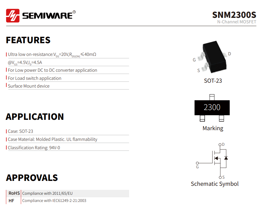 A Drop-In Replacement for SI2300S: Semiware SNM2300S SOT-23 MOSFET Solution-Protection Devices-TVS Diodes-ESD Protection devices-Gas Discharge Tube-Thyristor-Pled Protectors-Mov