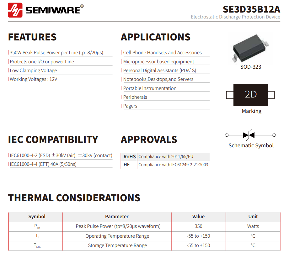 SD12C Alternative: Semiware SE3D35B12A 350W SOD-323 TVS Diode for ESD and Surge Protection-Protection Devices-TVS Diodes-ESD Protection devices-Gas Discharge Tube-Thyristor-Pled Protectors-Mov