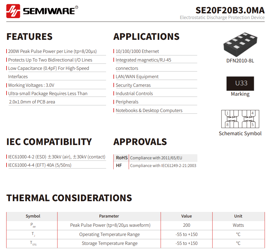 SE20F20B3.0MA: A Low-Capacitance ESD Protection Solution丨Alternative to UCLAMP3312T.TCT & SP3312T-Protection Devices-TVS Diodes-ESD Protection devices-Gas Discharge Tube-Thyristor-Pled Protectors-Mov