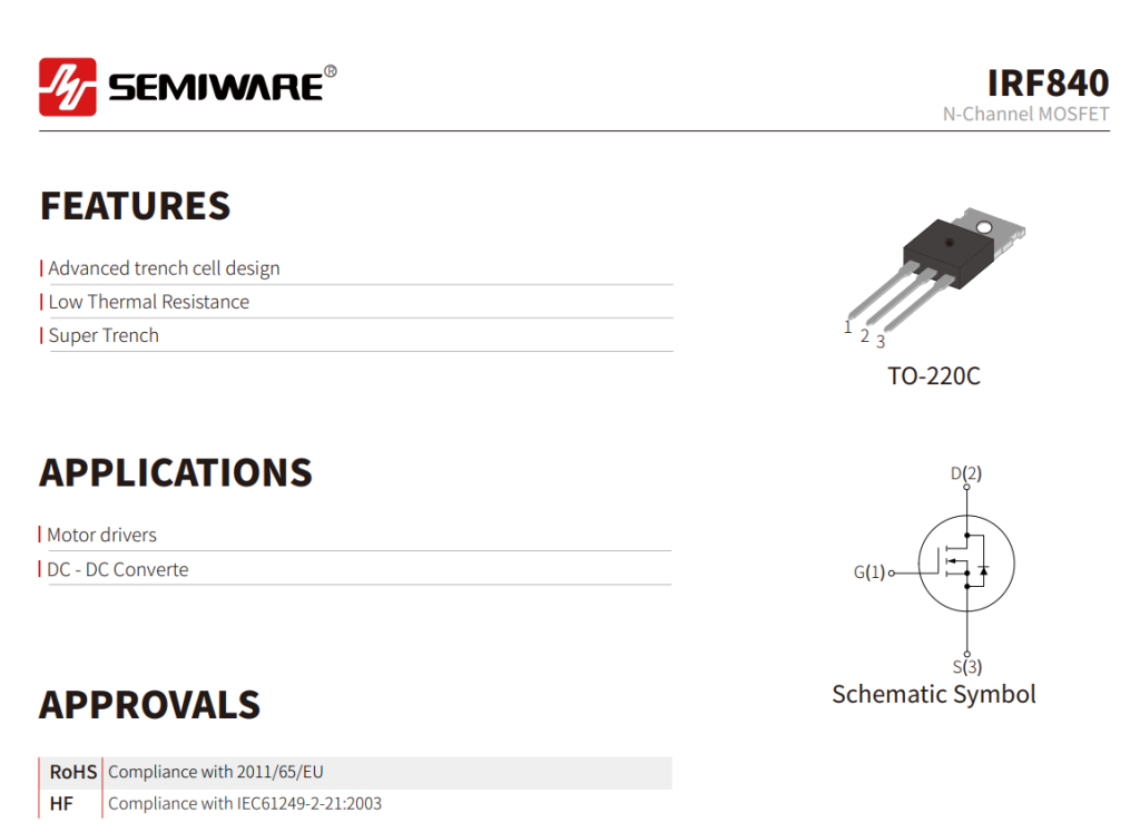Semiware IRF840: A Reliable Alternative to Vishay and ST IRF840 500V N-Channel MOSFET-Protection Devices-TVS Diodes-ESD Protection devices-Gas Discharge Tube-Thyristor-Pled Protectors-Mov