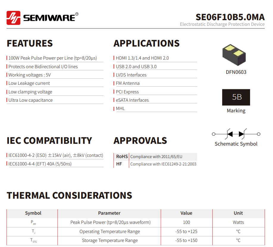 SE06F10B5.0MA: A Drop-in Replacement for DFN0603 Ultra-Low Capacitance ESD Diodes-Protection Devices-TVS Diodes-ESD Protection devices-Gas Discharge Tube-Thyristor-Pled Protectors-Mov
