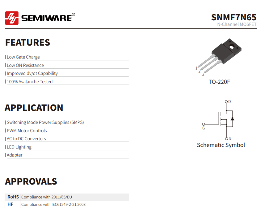 SNMF7N65: 7N65 650V N-Channel MOSFET Replacement-Protection Devices-TVS Diodes-ESD Protection devices-Gas Discharge Tube-Thyristor-Pled Protectors-Mov