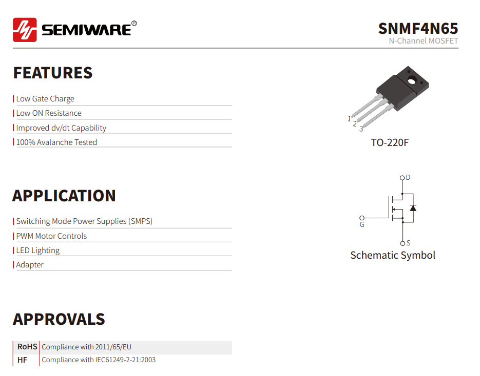 SNMF4N65 | 650V 4A TO-220F N-Channel MOSFET – A Replacement Option for the 4N65F-Protection Devices-TVS Diodes-ESD Protection devices-Gas Discharge Tube-Thyristor-Pled Protectors-Mov