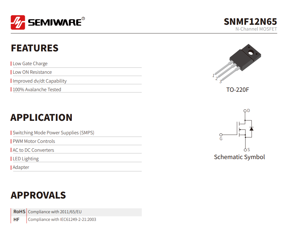 SNMF12N65: 650V 12A TO-220F MOSFET for 12N65F Replacement-Protection Devices-TVS Diodes-ESD Protection devices-Gas Discharge Tube-Thyristor-Pled Protectors-Mov