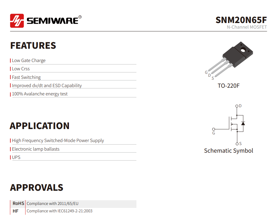 SNM20N65F: 650V 20A TO-220F MOSFET – Designed for 20N65F Replacement and High-Frequency Power Supply Applications-Protection Devices-TVS Diodes-ESD Protection devices-Gas Discharge Tube-Thyristor-Pled Protectors-Mov