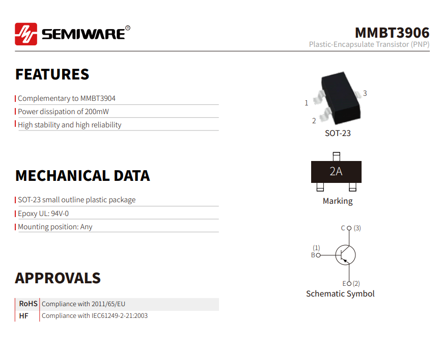 MMBT3906 | SOT-23 PNP Small-Signal Transistor – SMD Alternative for 2N3906-Protection Devices-TVS Diodes-ESD Protection devices-Gas Discharge Tube-Thyristor-Pled Protectors-Mov