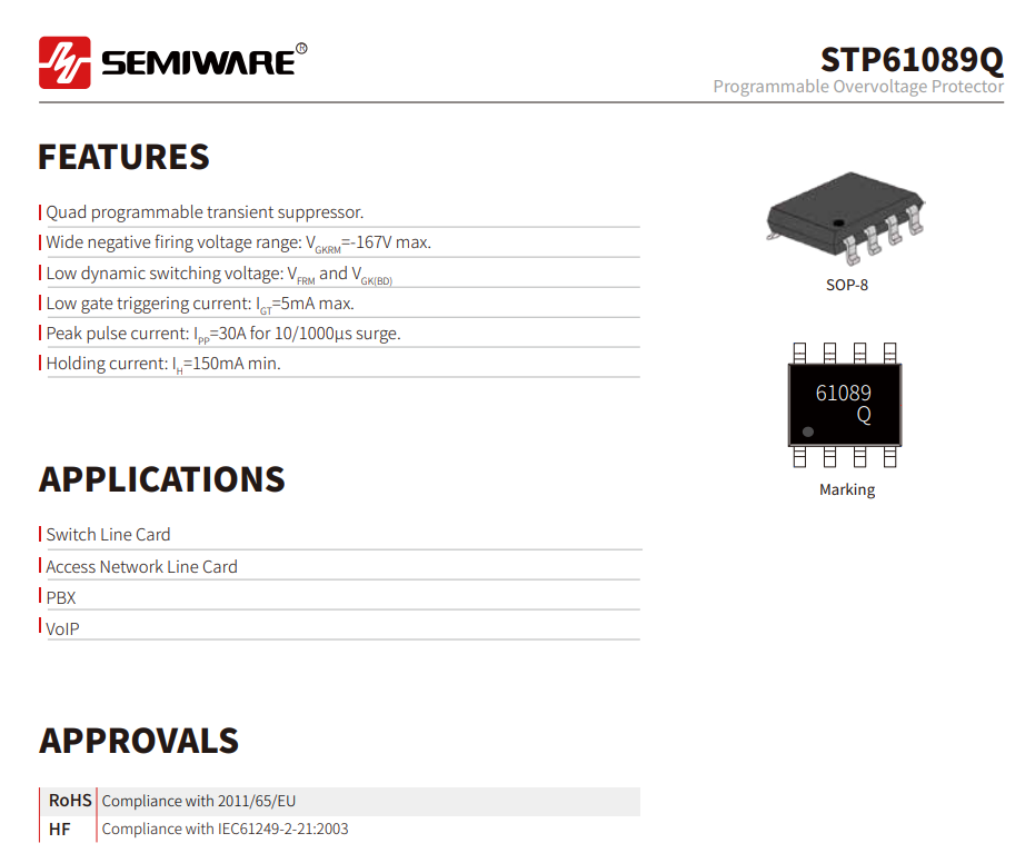 STP61089Q: A 4-Channel Programmable Overvoltage Protection Device for SLIC Line Interfaces-Protection Devices-TVS Diodes-ESD Protection devices-Gas Discharge Tube-Thyristor-Pled Protectors-Mov